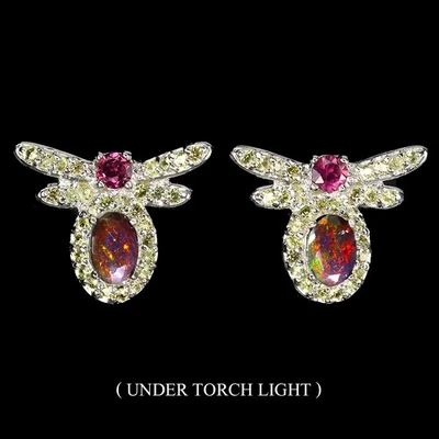 925 Sterling Silver Earrings Oval Black Opal Sapphire Natural Gemstone Bee Jewel - Image 1 of 4