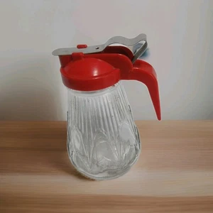 VTG MEDCO Dripless Server Glass Syrup Pitcher w/  RED Handled Lid STAINLESS TOP - Picture 1 of 5