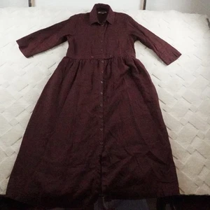 Flax Linen Maxi Shirt Dress Womens P(4-6) with Pockets Lagenlook Burdergy Red - Picture 1 of 15