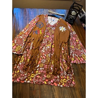 Hippie Costume Dress Peace Sign Headband Earrings Plus Size 20/22 XXL Halloween - Image 1 of 4