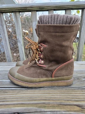 Botas de Invierno Tory Burch Cuero Marrón Gamuza Tejido Inserto Para Mujer Talla 9M Foto 1 de 4