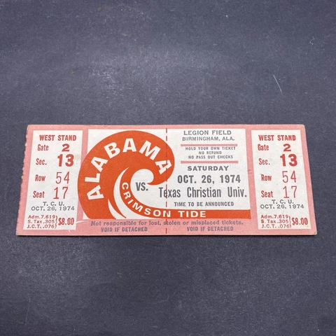VTCU Ticket Stub Texas Christian University vs Alabama Crimson Tide 1974 A Cover