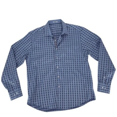 Bugatchi Uomo XL Blue Navy Check Shaped Fit Button Shirt Lightweight Cotton - Image 1 of 4