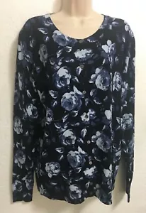 NEW EG Fashion Cardigan Sweater Blue Floral Roses MOP Sea Shell Buttons Size - L - Picture 1 of 6