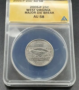 2005 West Virginia State Statehood Quarter ANACS AU58 Major Die Break Error Coin - Picture 1 of 5