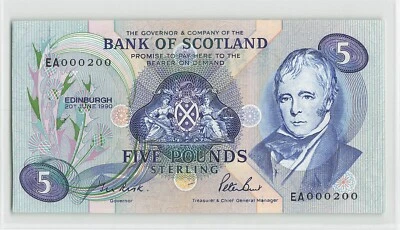 ESCOCIA 5 libras 1990, P-116a Banco de Escocia, EA 000200 1er prefijo, a/UNC. Foto 1 de 2