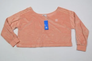 ADIDAS Sweater Womens XL Peach Pink Velour Off Shoulder Crop Top Long Sleeve - Picture 1 of 7