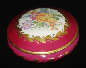 LIMOGES Frankreich runde Schmuckschatulle rot floral Goldakzente 5 1/2" Durchmesser neuwertig - Bild 1 von 7