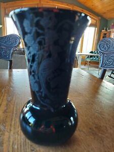 Paden City  Ebony / Black  8 " Vase Peacock & Rose