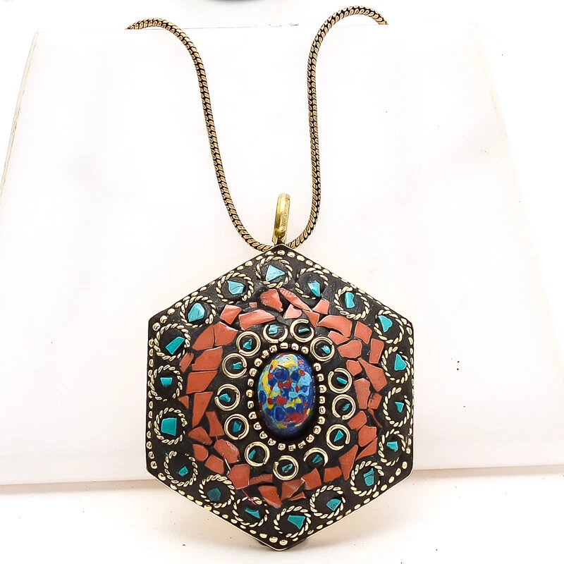 Mosaik Jaspis, rote Koralle & Türkis vergoldet tibetische Anhänger Kette 17-1... - Bild 1 von 1