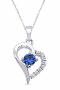 10K White Gold Natural Real Diamond & Blue Sapphire Heart Charm Women Necklace