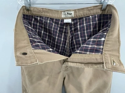 LL Bean Flannel Lined Tan Jeans Men’s 34x30 Blue Classic Fit Plaid Frayed Edges - Image 1 of 4