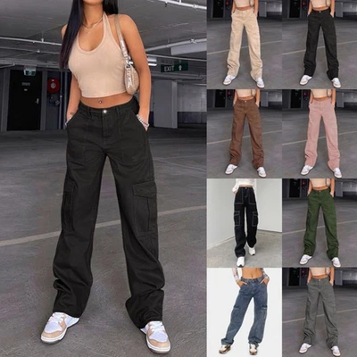 Womens Cargo Combat Denim Jeans Casual Elastic Waist Pockets Pants Trousers SIZE - Image 1 of 4