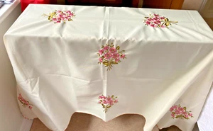 VINTAGE CREAM POLYESTER LARGE SQUARE TABLECLOTH PINK FLORAL EMBROIDERY~56" x 56" - Picture 1 of 3