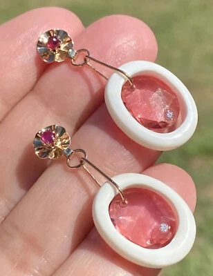 14K Yellow Gold Pink Topaz Diamond Ruby Vintage Dangle Drop Flower Earrings - Image 1 of 4