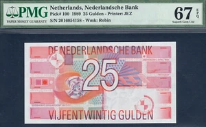 Netherlands 25 gulden 1989 Robin, PMG 67 EPQ, Pick 100 - Picture 1 of 2