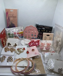 New Pierced Earrings Lot 46 Pairs Fashion Costume Jewelry Cute Hearts Characters - Picture 1 of 15