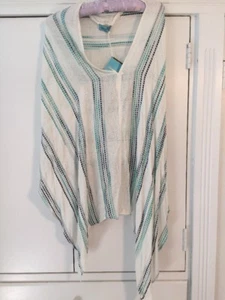 NWT Letarte Open Weave Topper Metallic Striped White Blue Silver Green Poncho - Picture 1 of 9