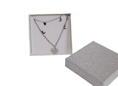 Collana Collanina Doppia in Acciaio Ciondolo Cuore e Luna in Box regalo Cod.21 - Immagine 1 di 2
