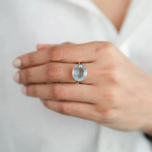 9.50 Ct Aquamarine Engagement Bezel Ring 18K Solid Yellow Gold - Picture 1 of 5