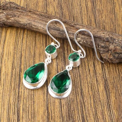 Green Emerald Mothers day Wedding Bezel Set Earrings Jewelry 925 Sterling Silver - Image 1 of 4