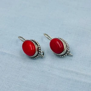 925 Sterling Silver Red Coral Gemstone Handmade Jewelry  Earring - Picture 1 of 3