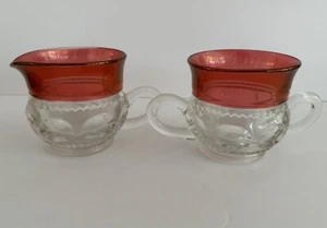Indiana Glass Colony Kings Crown Ruby Flash Red Thumbprint Sugar and Creamer Set - Picture 1 of 3