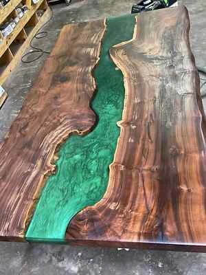 Green Resin River Epoxy Dining Table, Live Edge Epoxy Wooden Table, Home Decor - Image 1 of 3