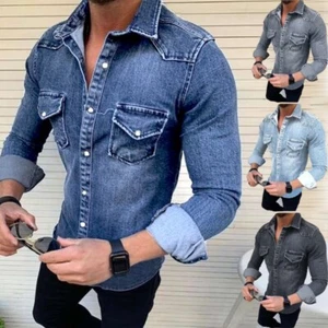 Mens Denim Shirts Casual Slim Fit Denim Shirt Jeans Long Sleeve Tops Button Tops - Picture 1 of 22
