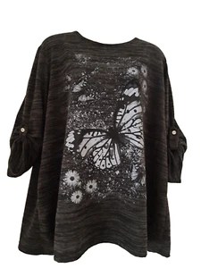 Blusa de mujer talla 12 gris con estampado de mariposas mangas enrollables - Imagen 1 de 7
