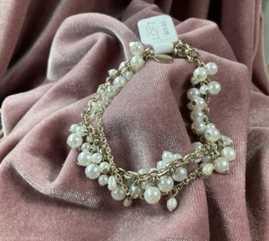Ann Taylor LOFT Chain Bracelet Faux White Mini Pearls Multi-Chain Gold-tone - Picture 1 of 11