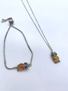 Set collana e bracciale cursore ciondolo ambra cognac baltico parure argento 925 - Foto 1 di 11