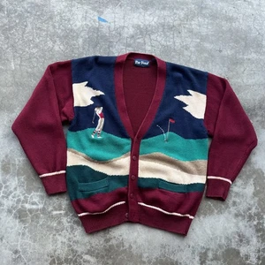 Vintage Par Four Sweater Mens Large Golf Scene Cardigan Knit 90s - Picture 1 of 4