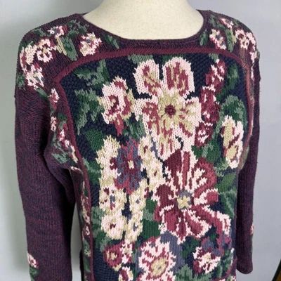 复古 Maurices 毛衣,尺寸 Med,手工针织,紫色和粉红色花卉图案 — 第 1/4 张图片