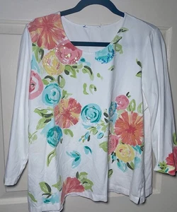 White Floral Sequin Embellished Blouse Women’s 3/4 Sleeve Watercolor Print Top - Picture 1 of 2