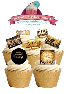Cake Toppers 24 New Years Eve 2026 Stand Up Edible Wafer Paper Decorations - BG - Picture 1 of 9