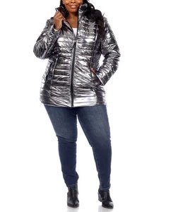 White Mark Women's Plus Size Metallic Puffer Coat (Silver, 1X) - Picture 1 of 7