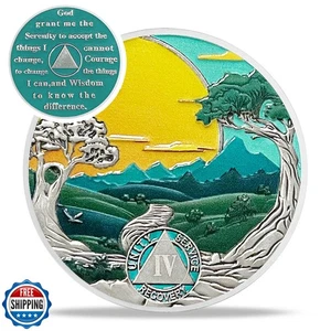 Green Forest 4 Year Sobriety Coin - Recovery Sun Four Year AA Coins - Mountai - Picture 1 of 5
