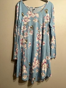 New Poseshe Size L Floral Blue Long Sleeve Dress VNeck - Picture 1 of 5