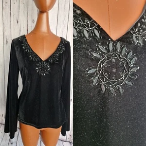 Angie Velvet Top Black -Medium- Jewelled Detail Flared Sleeves Y2K DB13 - Picture 1 of 16