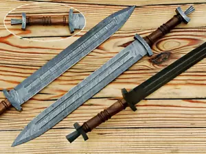Espada Kattegat Forjada a Mano Vikinga Valhalla Damasco Hoja con Cubierta de Cuero - Imagen 1 de 7