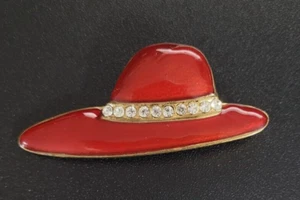 Vintage Hand Painted Enamel Genuine Crystal 18k Gold Layered RED HAT Pin Brooch - Picture 1 of 2
