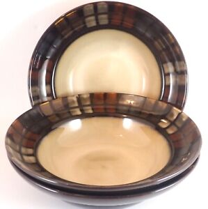Pfaltzgraff Calico 8 3/8" Soup / Cereal Bowls (Set of 3) Gray Brown Rust Blocks