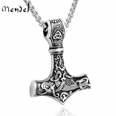 MENDEL Mens Stainless Steel Norse Viking Thors Hammer Mjolnir Pendant Necklace - Image 1 of 4