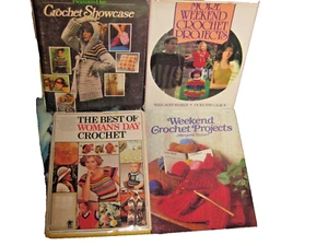 LOT 4 VINTAGE HARDCOVER CROCHET PATTERN BOOKS AFGHANS PILLOWS TOYS FASHION GIFTS - Picture 1 of 12