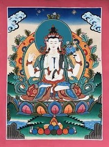AVALOKITESHVARA/ CHENREZIG ORIGINAL TIBETAN THANGKA PAINTING/ BUDDHIST ART - Picture 1 of 7