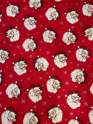 RETRO VINTAGE CHRISTMAS SM SANTA CLAUS HEADS ON RED GLITTER COTTON FABRIC 30"x44 - Image 1 of 4