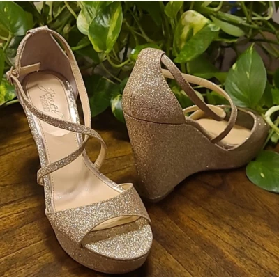 Badgley Mischka Women’s Gold Tatsu Evening Wedges, Size 9 - Image 1 of 4