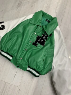 Pretty Little Thing cropped varsity bomber jacket .Bright Green/white XS - Image 1 of 4