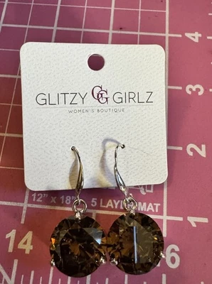 Women’s Jumbo Jewel Drop Earrings by Glitzy Girlz Brown Silver Chunky - Image 1 of 3